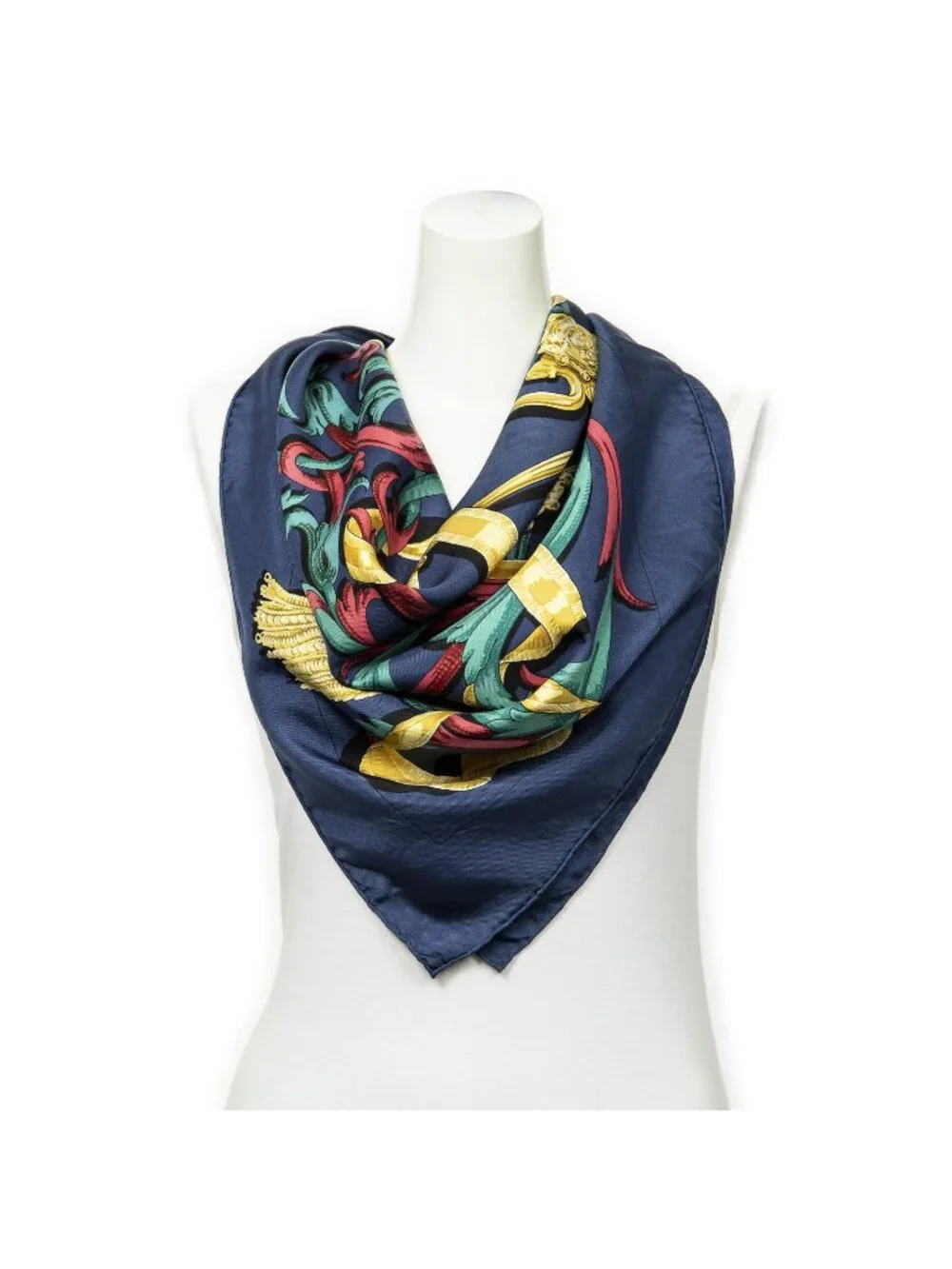 Hermes Scarf Navy Green 100% Gold Twill Silk